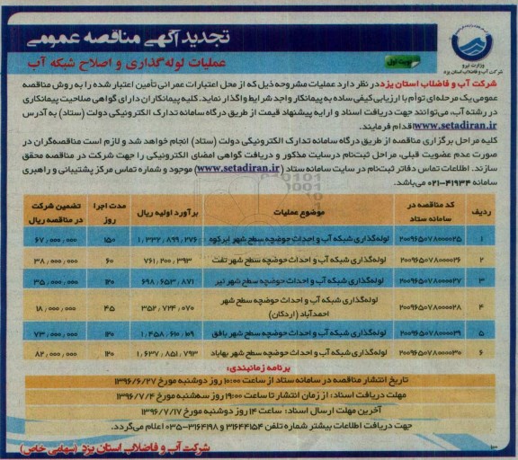مناقصه ،  تجدید مناقصه لوله گذاری شبکه آب و احداث حوضچه 