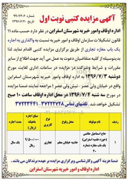 مزایده کتبی, مزایده واگذاری به اجاره یک باب مغازه تجاری 