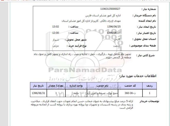 استعلام تجهیز چاه شامل تهیه و بارگیری حمل و تخلیه ...