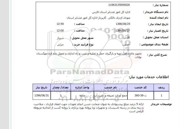 استعلام تجهیز چاه شامل تهیه و بارگیری حمل و تخلیه ...