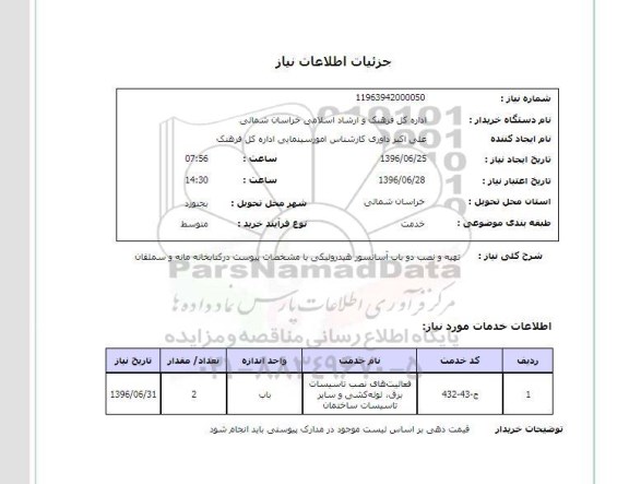استعلام, استعلام تهیه و نصب دو باب آسانسور هیدرولیکی