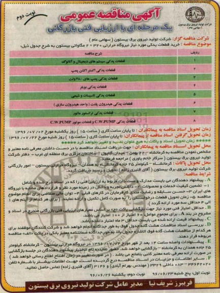 آگهی مناقصه عمومی، مناقصه خرید قطعات یدکی - نوبت دوم 