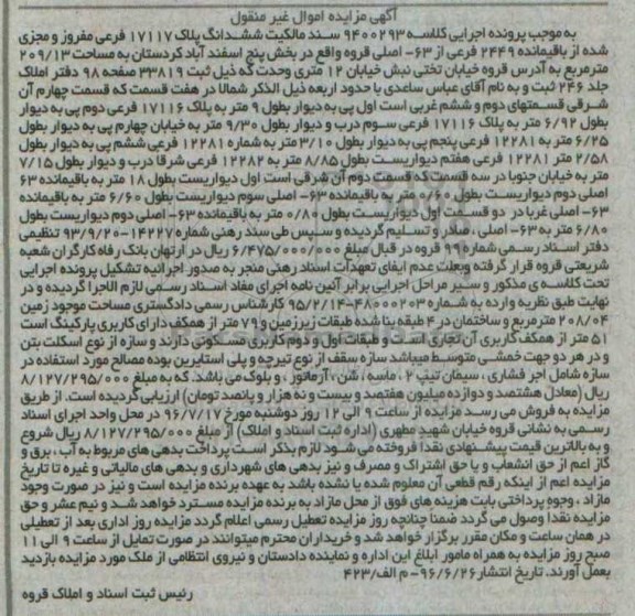 مزایده,مزایده سند مالکیت ششدانگ پلاک 17117 فرعی
