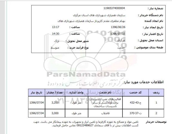 استعلام , استعلام فعالیت های نصب تاسیسات برق