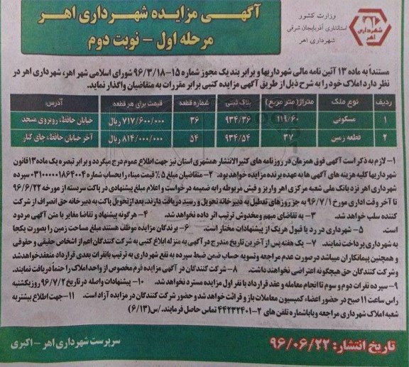 مزایده,مزایده واگذاری املاک کاربری مسکونی و قطعه زمین نوبت دوم 