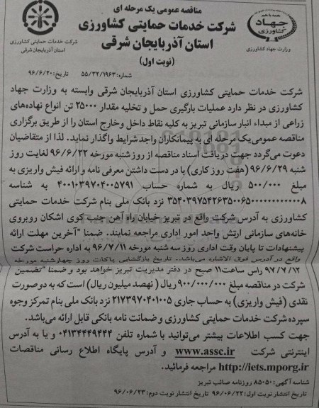 مناقصه عمومی یک مرحله ای , مناقصه عملیات بارگیری ، حمل و تخلیه مقدار 25000 تن انواع نهاده های زراعی