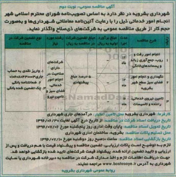 آگهی مناقصه عمومی, مناقصه انجام امور رفت و روب ، جمع آوری زباله.... نوبت دوم 