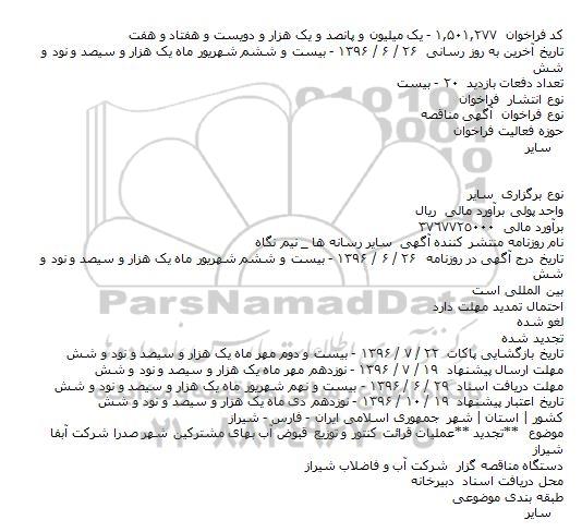آگهی مناقصه, تجدید مناقصه عملیات قرائت کنتور و توزیع قبوض آب بهای مشترکین