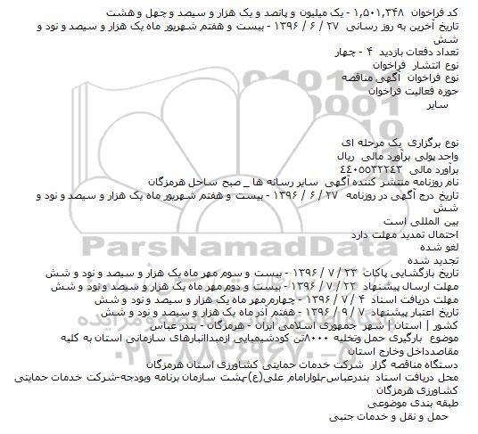 آگهی مناقصه, مناقصه  بارگیری حمل و تخلیه ۸۰۰۰تن کود شیمیایی