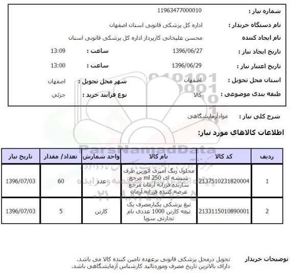استعلام, استعلام مواد آزمایشگاهی