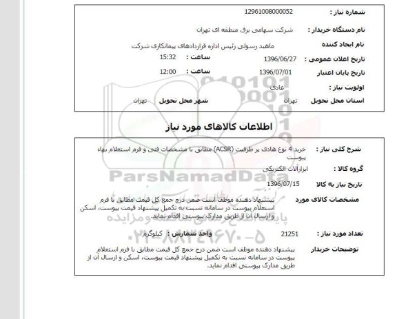 استعلام,استعلام خرید ۴ نوع هادی پر ظرفیت 