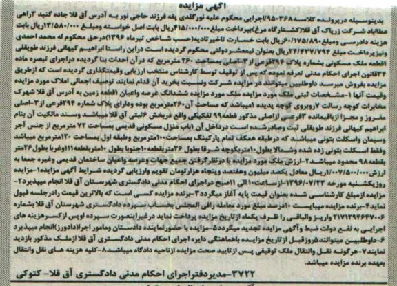 مزایده,مزایده یک قطعه ملک مسکونی مساحت 260متر