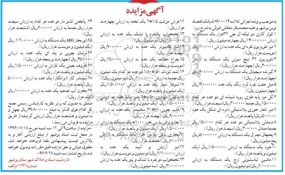 آگهی مزایده، مزایده کولر گازی - میز تلویزیون...