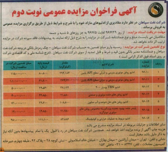 آگهی فراخوان مناقصه عمومی دو مرحله ای , مزایده مقادیری از ادتیوهای مازاد نوبت دوم 