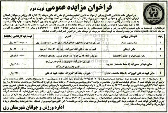 فراخوان مزایده عمومی , فراخوان مزایده اماکن ورزشی تحت پوشش نوبت دوم