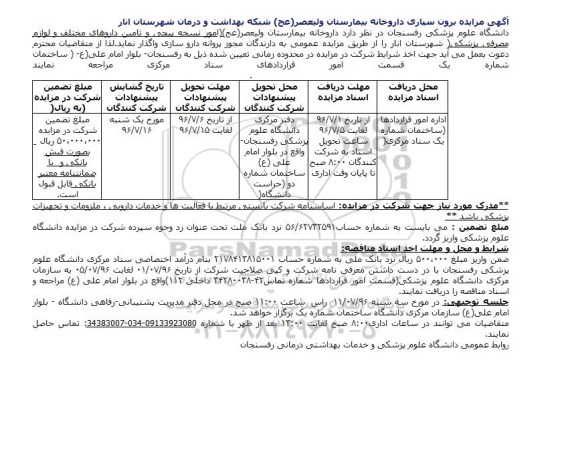 آگهی مزایده برون سپاری داروخانه بیمارستان ولیعصر(عج) شبکه بهداشت و درمان 