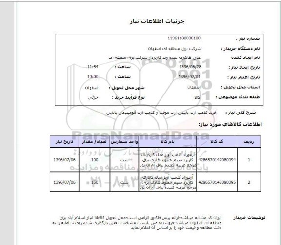 استعلام, استعلام خرید کلمپ ارت پایینی ارت موقت و کلمپ ارت آلومینیومی بالایی