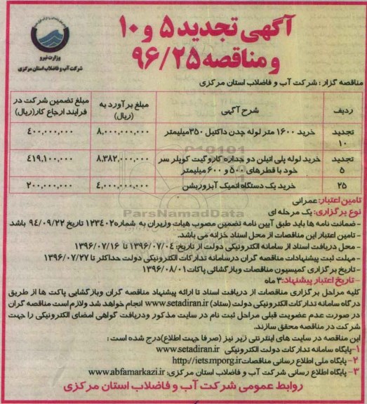 تجدید مناقصه خرید 1600 متر لوله چدن داکتیل 350 میلیمتر