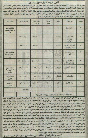 آگهی مزایده اموال منقول , مزایده فروش سنتر نسوز ، الک ویبره کوچک با موتور ، آجر نسوز دما پایین....