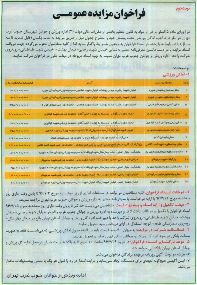 فراخوان مزایده عمومی، مزایده اجاره اماکن ورزشی تحت پوشش نوبت دوم