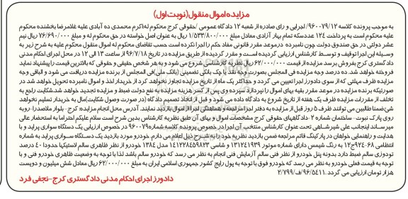 مزایده اموال منقول، مزایده یک دستگاه سواری پراید