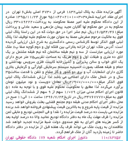 مزایده,مزایده ملک به پلاک ثبتی 1832 فرعی بخش شش