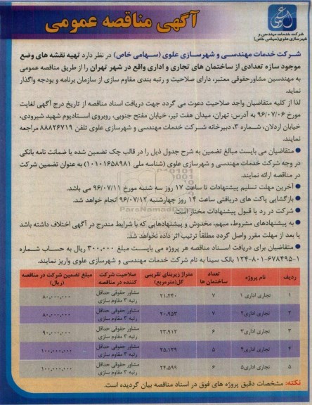 آگهی مناقصه عمومی، مناقصه تهیه نقشه های وضع موجود سازه تعدادی از ساختمان های تجاری و اداری