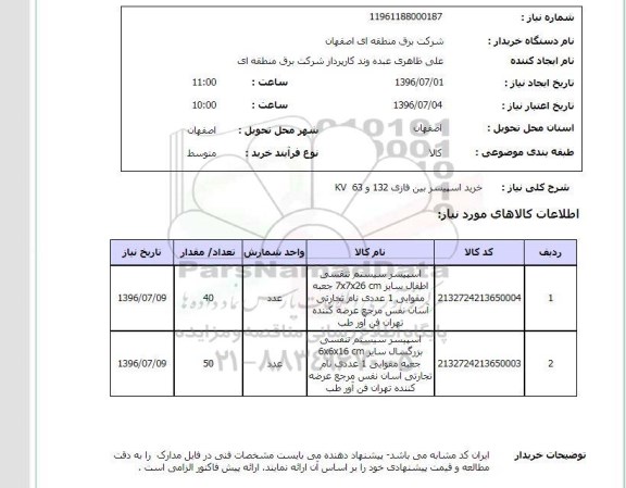 استعلام خرید اسپیسر بین فازی 132 و 63 KV