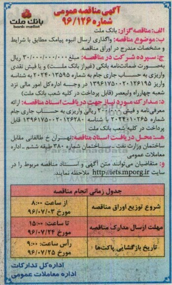 آگهی مناقصه عمومی , مناقصه واگذاری ارسال انبوه پیامک 
