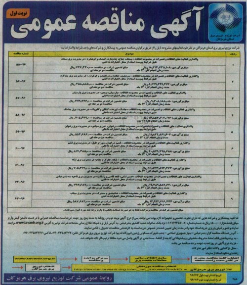 آگهی مناقصه عمومی, مناقصه واگذاری فعالیت های اتفاقات و تعمیرات در محدوده اتفاقات ...