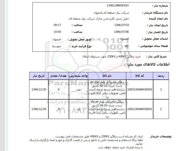 استعلام ، استعلام خرید برقگیر 400kv , 230kv جهت پستهای انتقال 
