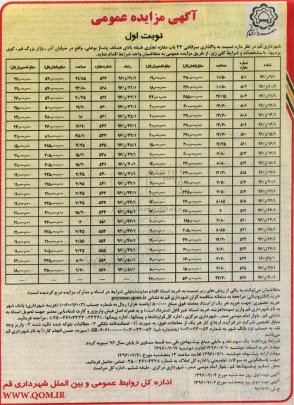 آگهی مزایده عمومی, مزایده واگذاری سرقفلی 43 باب مغازه تجاری 