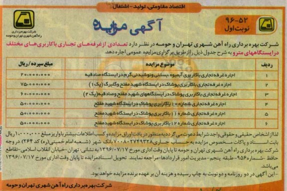 آگهی مزایده, مزایده واگذاری به اجاره تعدادی از غرفه های تجاری با کاربری های مختلف در ایستگاههای مترو 