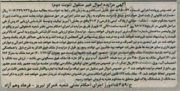 مزایده,مزایده ملک مساحت عرصه 176متر نوبت دوم