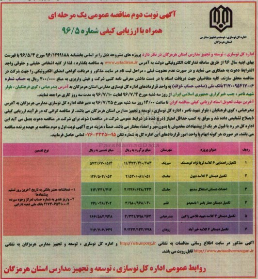 آگهی نوبت دوم مناقصه عمومی یک مرحله ای , مناقصه تکمیل راهنمایی 6 کلاسه و ...
