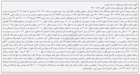 مزایده,مزایده ششدانگ آپارتمان مسکونی مساحت 182.27متر
