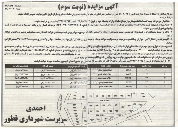 مزایده,مزایده فروش قطعات املاک نوبت سوم
