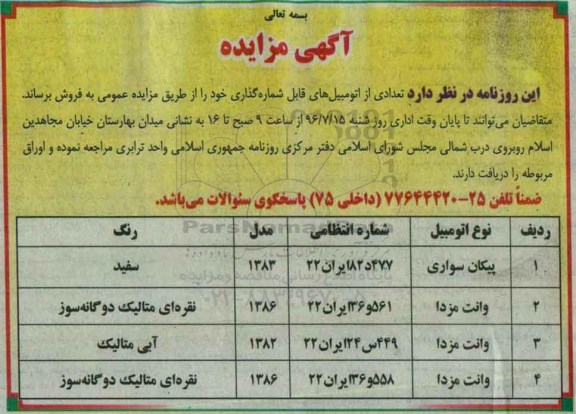 آگهی مزایده , مزایده فروش تعدادی از اتومبیل های قابل شماره گذاری 96/7/4
