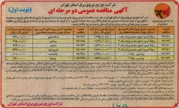 آگهی مناقصه عمومی, مناقصه اجرای پروژه های توسعه و احداث و بهینه سازی شبکه های توزیع 