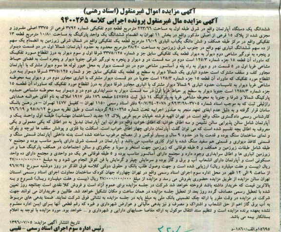 مزایده,مزایده ششدانگ آپارتمان مساحت 223.66مترمربع 