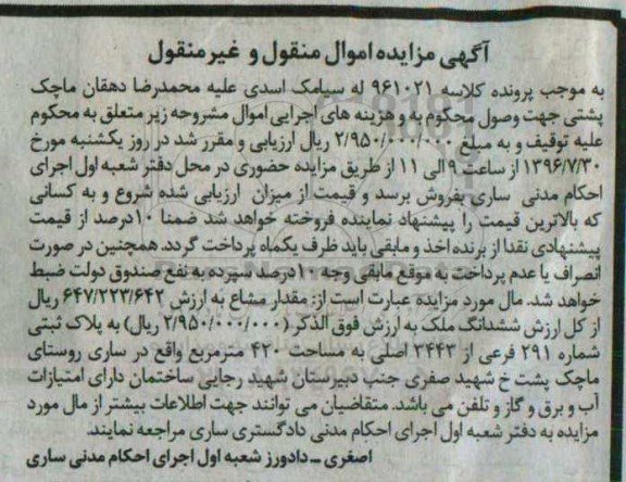 مزایده,مزایده ششدانگ ملک مساحت 420متر