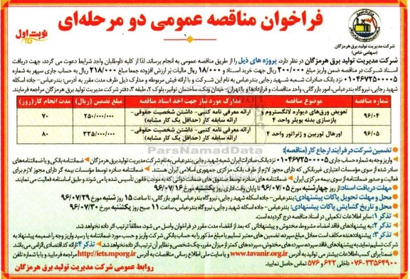 فراخوان مناقصه عمومی دو مرحله ای , فراخوان مناقصه تعویض ورق های دیواره لانگستروم و بازسازی بدنه بویلر و ...