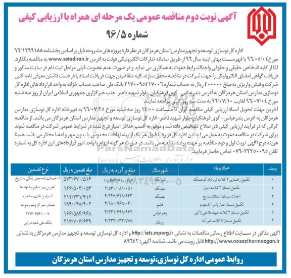آگهی نوبت دوم مناقصه عمومی یک مرحله ای , مناقصه تکمیل راهنمایی 6 کلاسه و ... نوبت دوم 