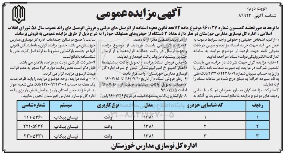 آگهی مزایده عمومی، مزایده تعداد 3 دستگاه از خودروهای مستهلک ... نوبت دوم