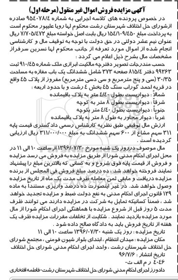 مزایده,مزایده ششدانگ مغازه 30.35متر