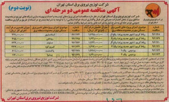 آگهی مناقصه عمومی, مناقصه اجرای پروژه های توسعه و احداث و بهینه سازی شبکه های توزیع - نوبت دوم 