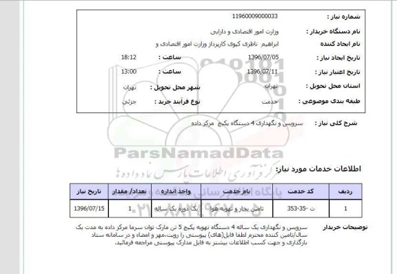 استعلام,استعلام سرویس و نگهداری ۴ دستگاه پکیج مرکز داده