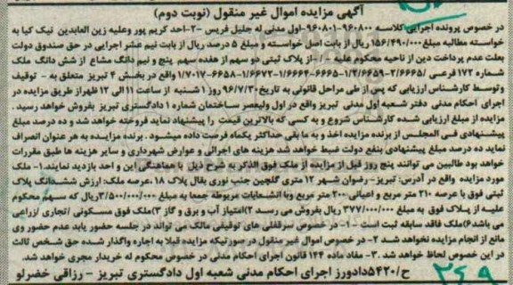 مزایده,مزایده ملک بخش چهار تبریز نوبت دوم