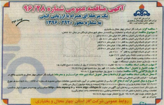 آگهی مناقصه عمومی, مناقصه  اجرای شبکه و انشعابات پراکنده نوبت دوم 