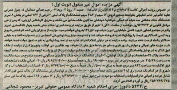 مزایده,مزایده 12 سهم از 384 سهم از پلاک ثبتی 